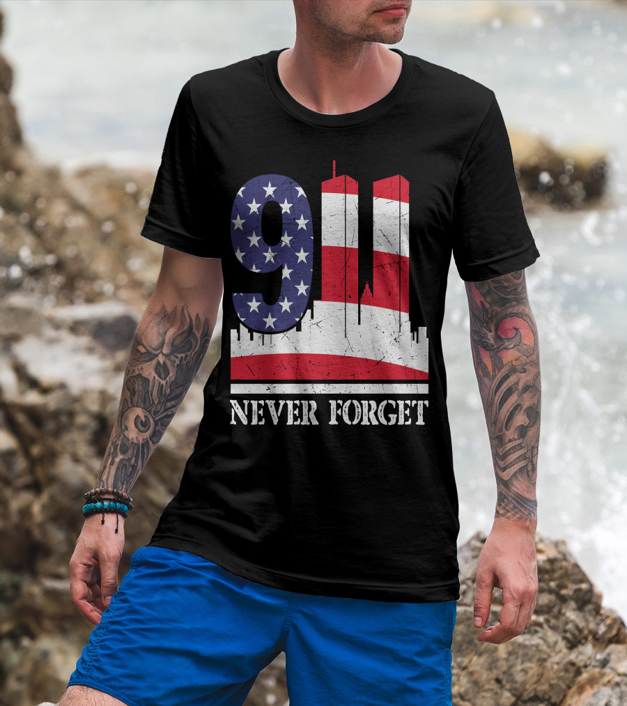 9 11 Never Forget Twin Towers American Flag T-Shirt