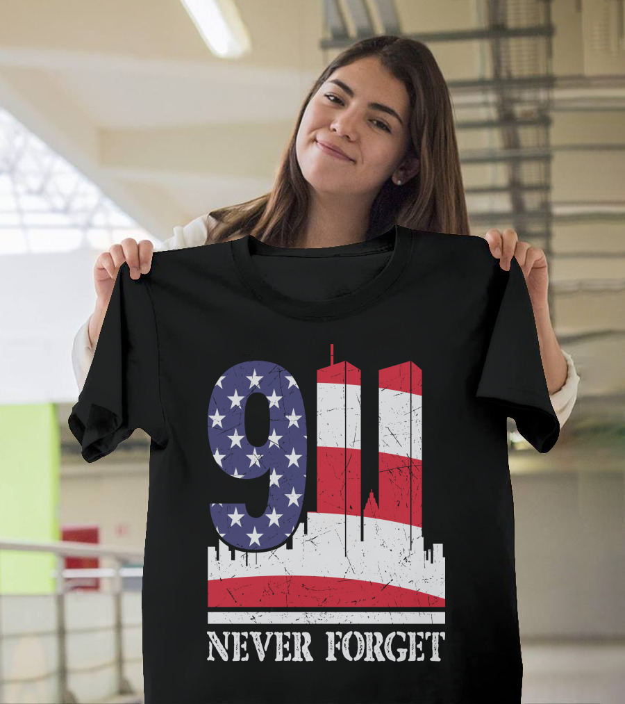 9 11 Never Forget Twin Towers American Flag T-Shirt