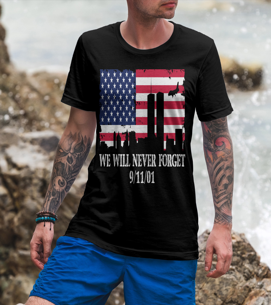 We Will Never Forget 9/11/01 American Flag Twin Towers T-Shirt