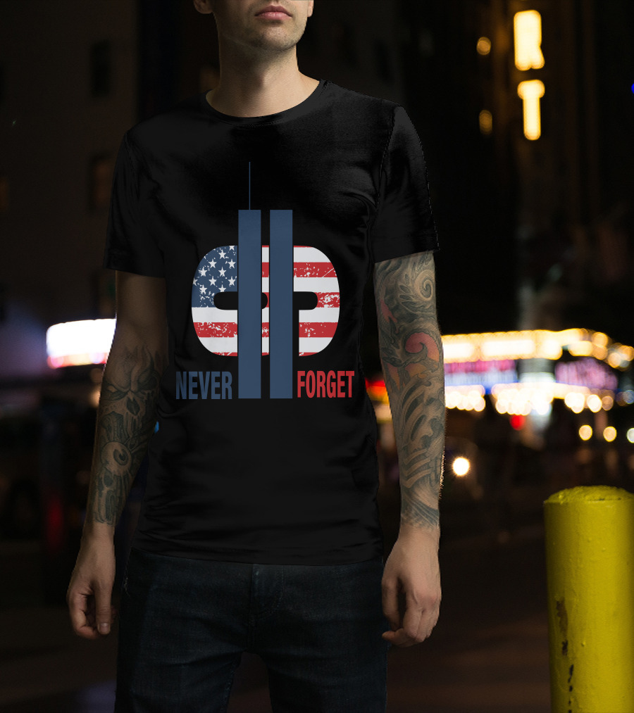 Never Forget 9.11 American Flag Tribute With Twin Towers Symbol T-Shirt