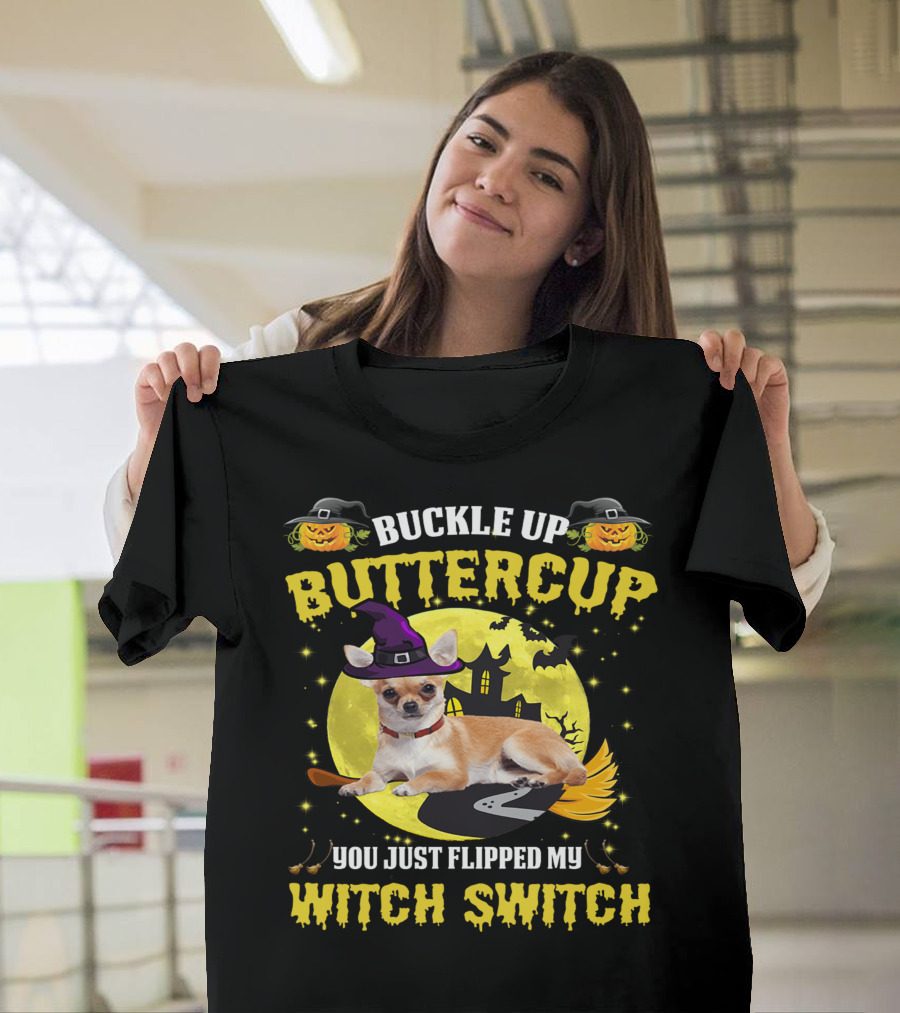 Buttercup Witch Switch Halloween Chihuahua Broomstick Moon Bats T-Shirt