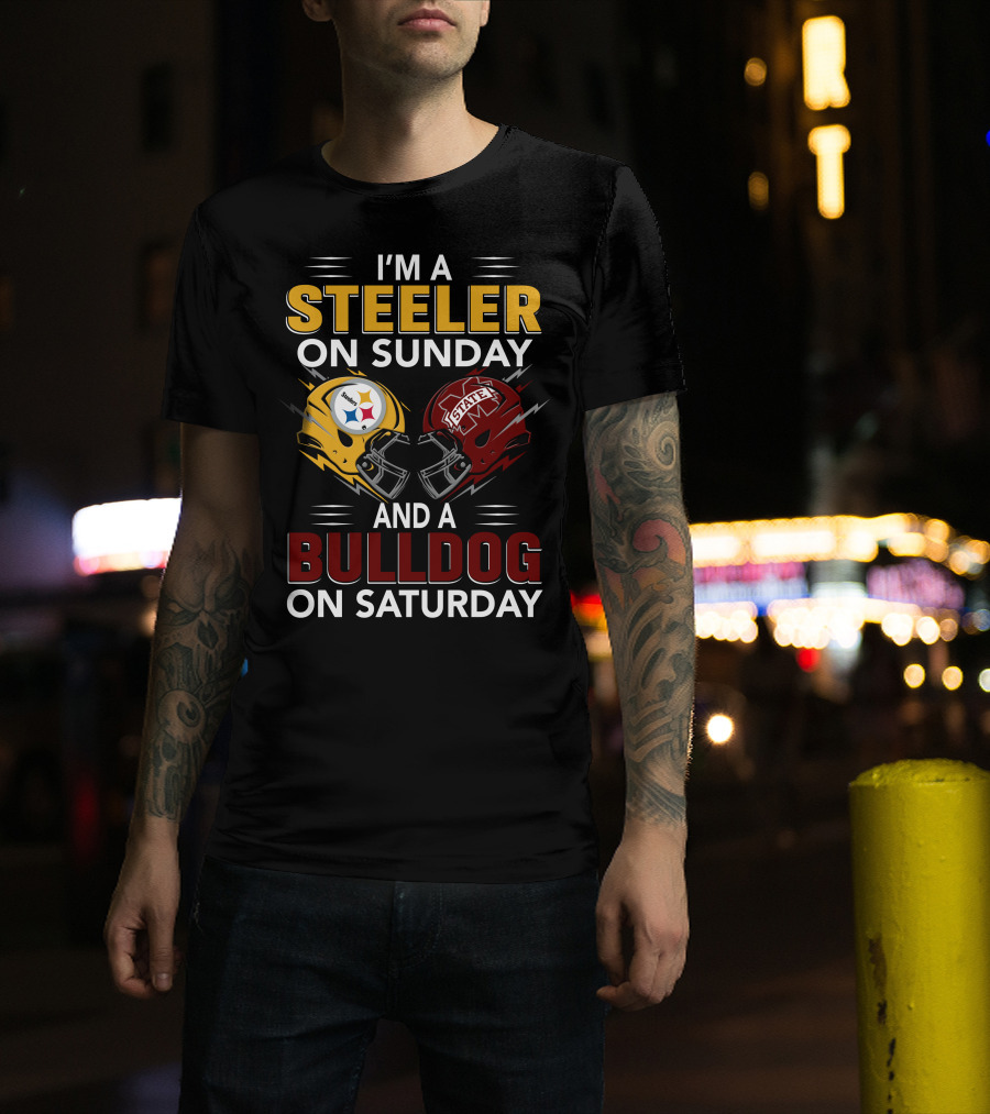 I'm A Steeler On Sunday And A Bulldog On Saturday Football Helmet Design With Team Logos T-Shirt