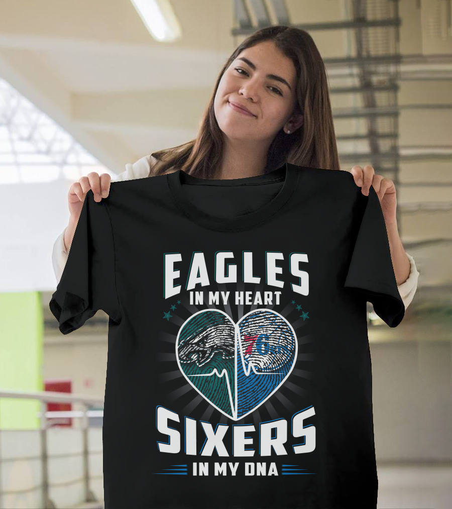 Eagles In My Heart With Sixers In My Dna Fingerprint Heart T-Shirt