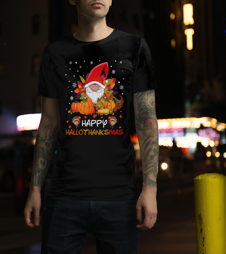 Happy HalloThanksMas Santa Hat Pumpkins Turkeys Cornucopia Snowflakes T-Shirt
