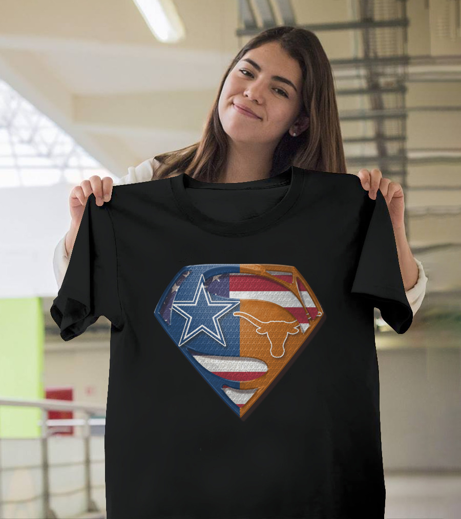 Dallas Cowboys Texas Longhorns Star And Longhorn Superman Shield Flag T-Shirt