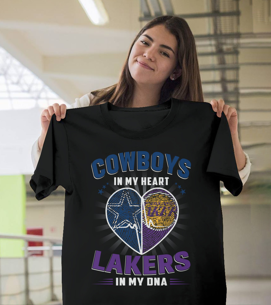 Cowboys In My Heart Lakers In My DNA Fingerprint Heart T-Shirt