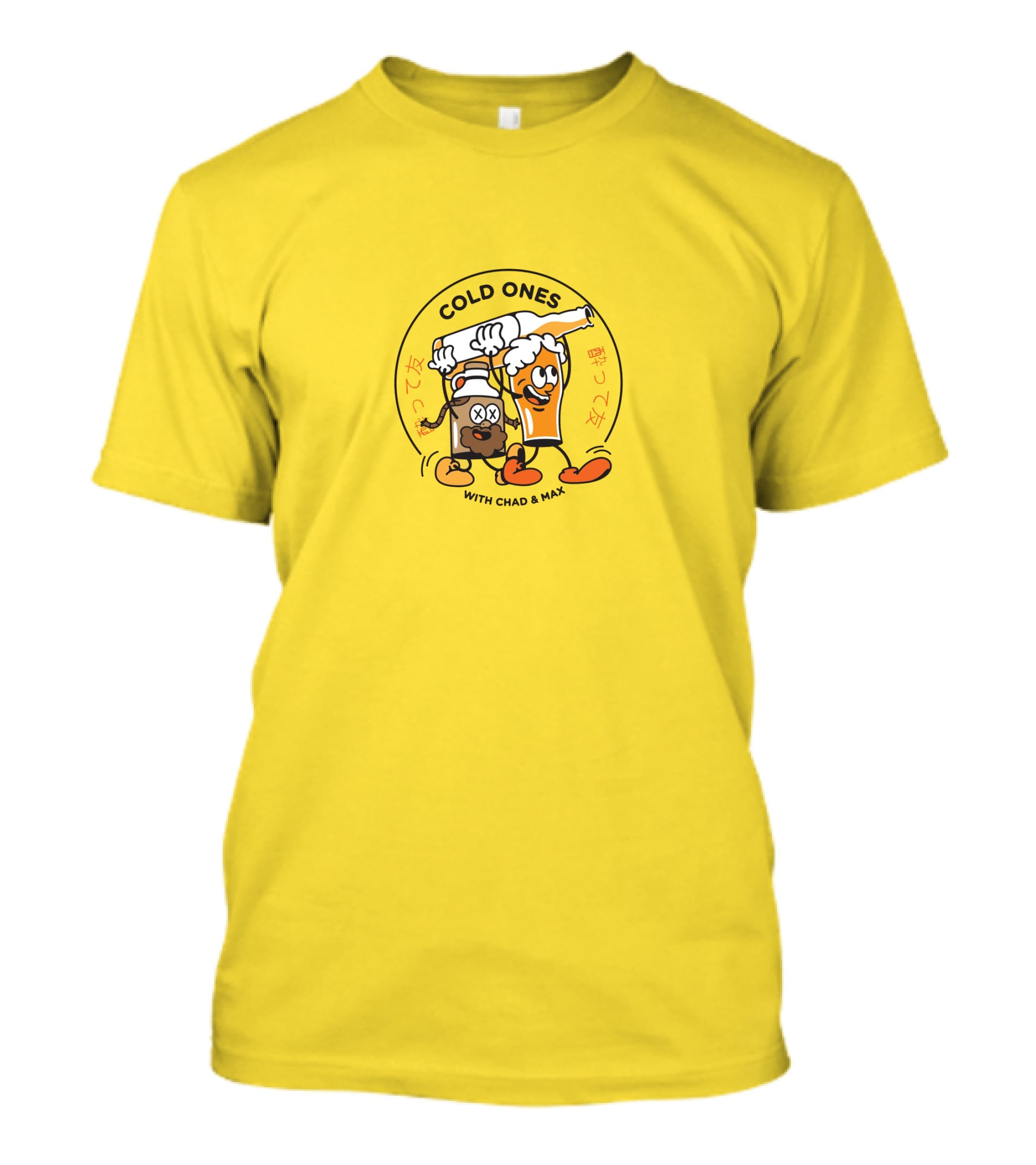 Cold Ones With Chad And Max Cartoon Beers Yellow Background T-Shirt