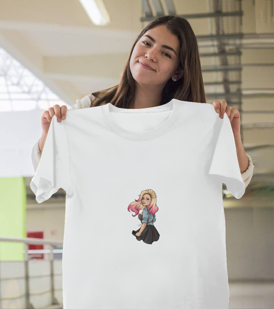 Demi Lovato Cartoon Pink Hair Black Skirt Denim T-Shirt