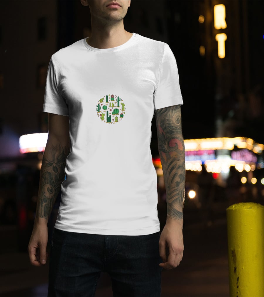Cactus Pattern Circle Succulents With Floral Elements T-Shirt