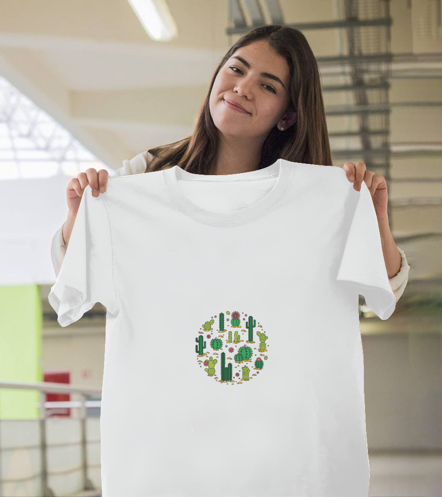 Cactus Pattern Circle Succulents With Floral Elements T-Shirt