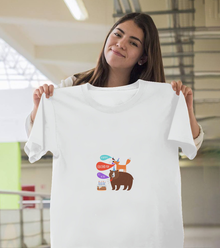 Happy Birthday Party Animal Bear And Fox With Cake T-Shirt