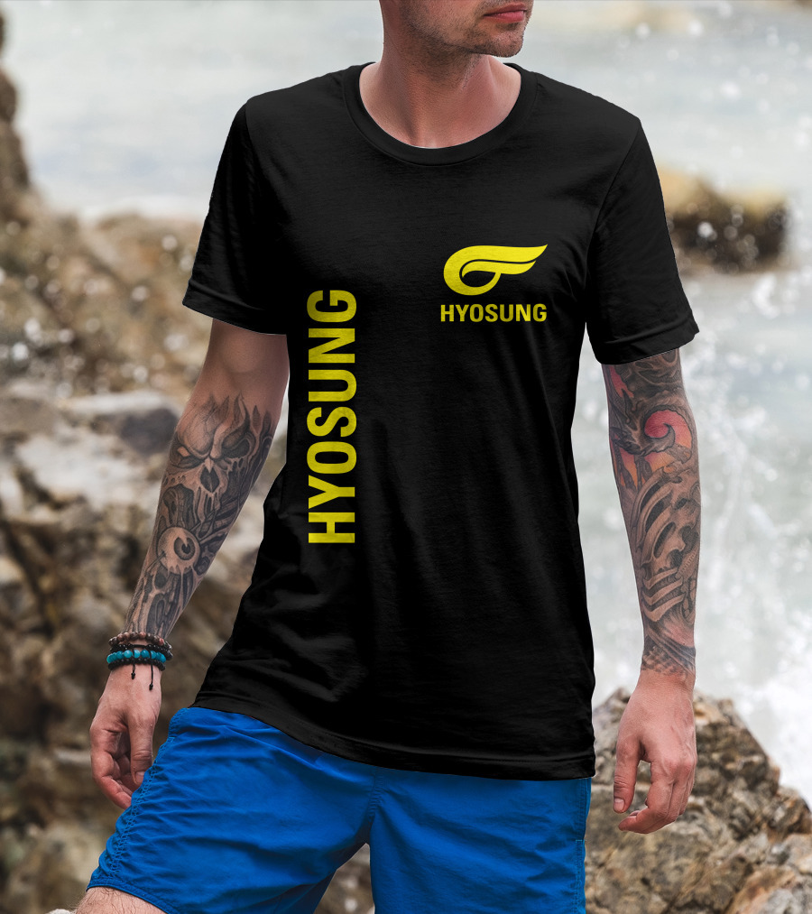 HYOSUNG Logo Stylized Yellow Text Brand T-Shirt