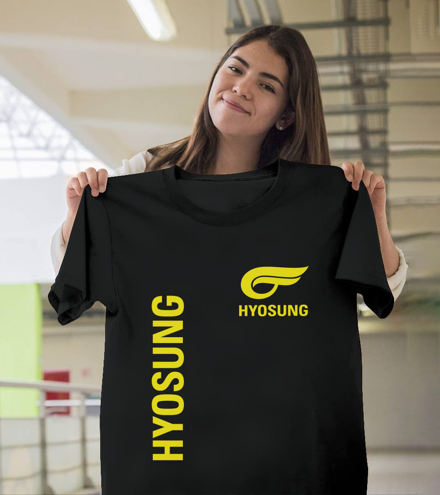 HYOSUNG Logo Stylized Yellow Text Brand T-Shirt