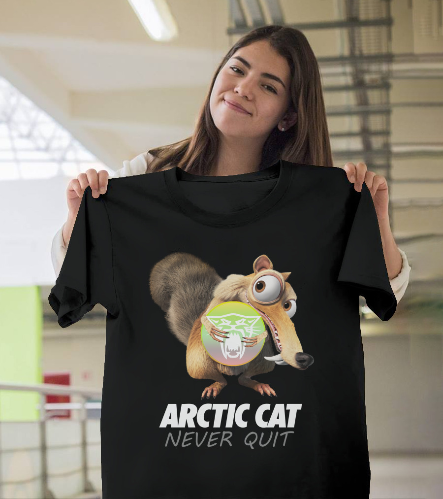 ARCTIC CAT NEVER QUIT Cartoon Character Holding T-Shirt