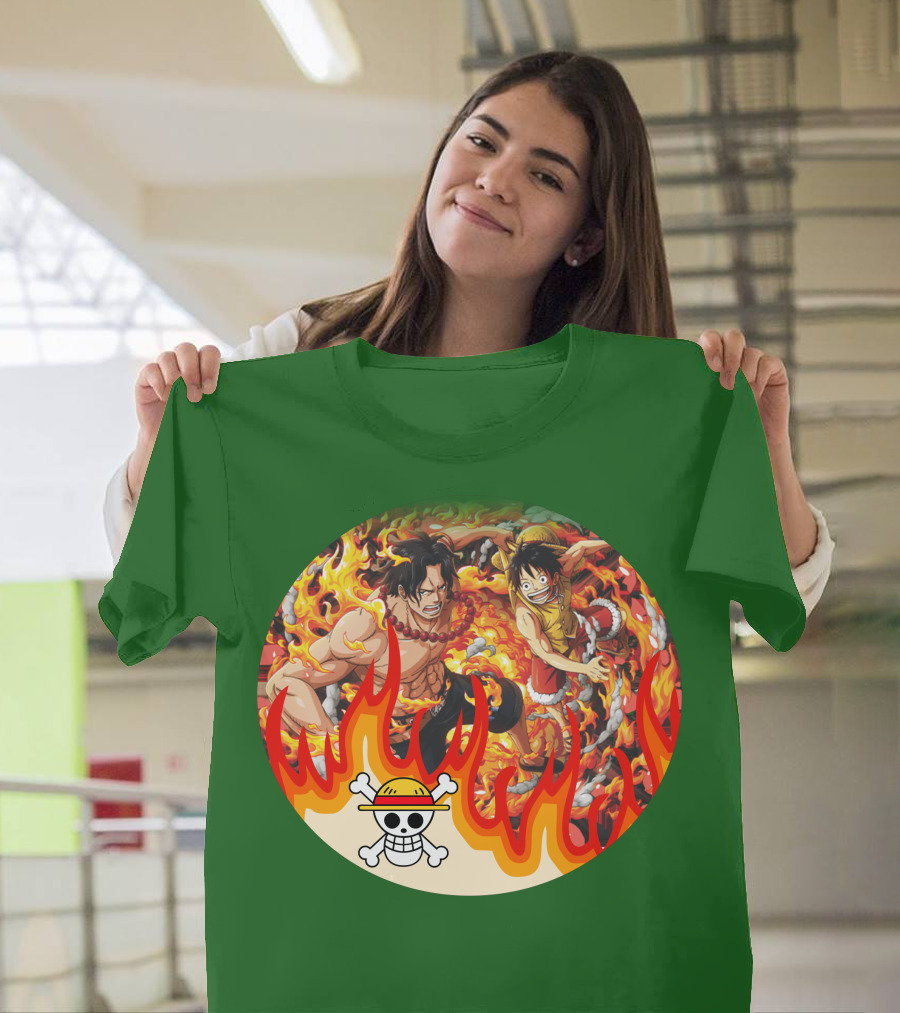 One Piece Luffy And Ace Fire Battle With Jolly Roger Hat T-Shirt