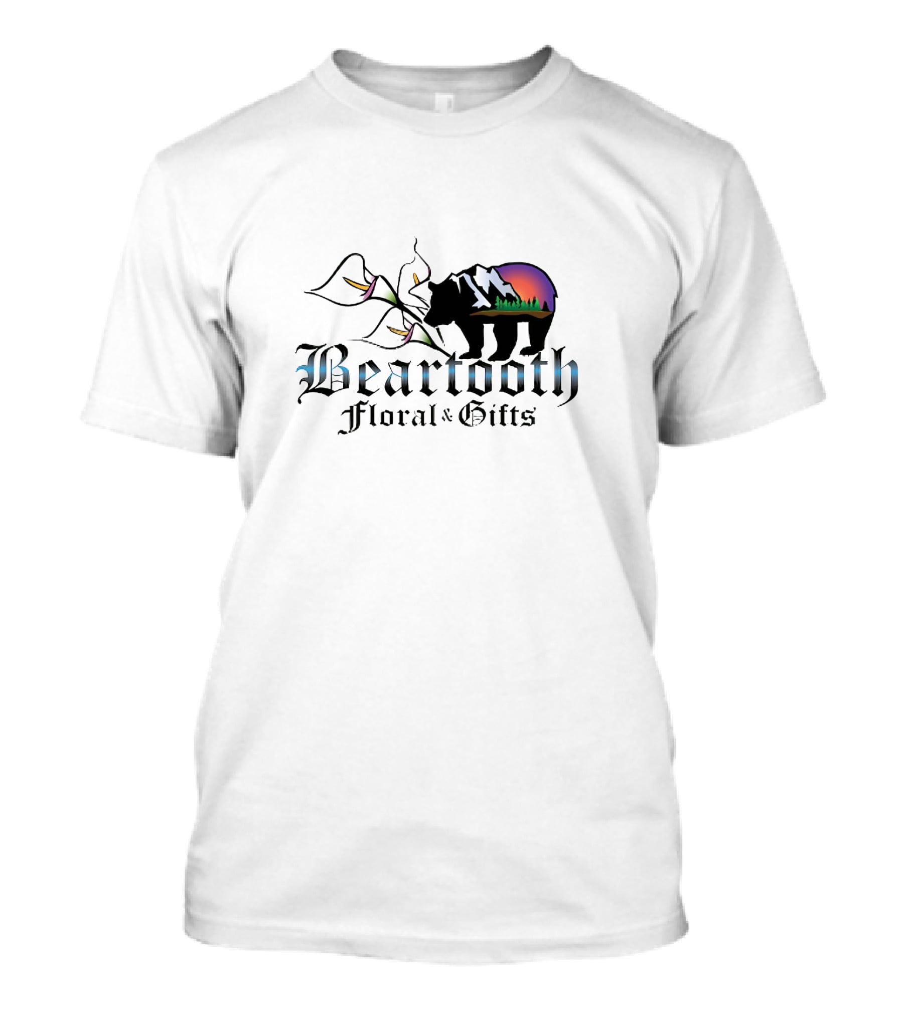 Beartooth Floral And Gifts Bear Silhouette With Mountain Sunset And Floral Elements T-Shirt