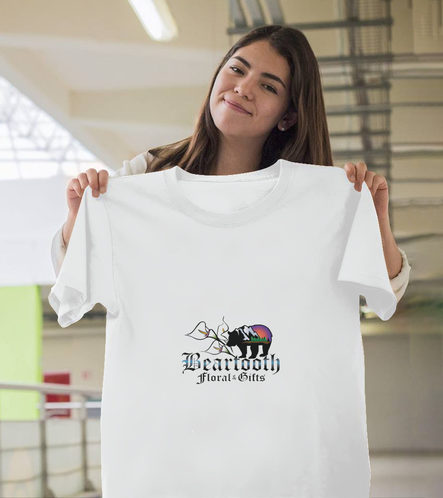 Beartooth Floral and Gifts Bear Silhouette with Mountain Sunset and Floral Elements T-Shirt