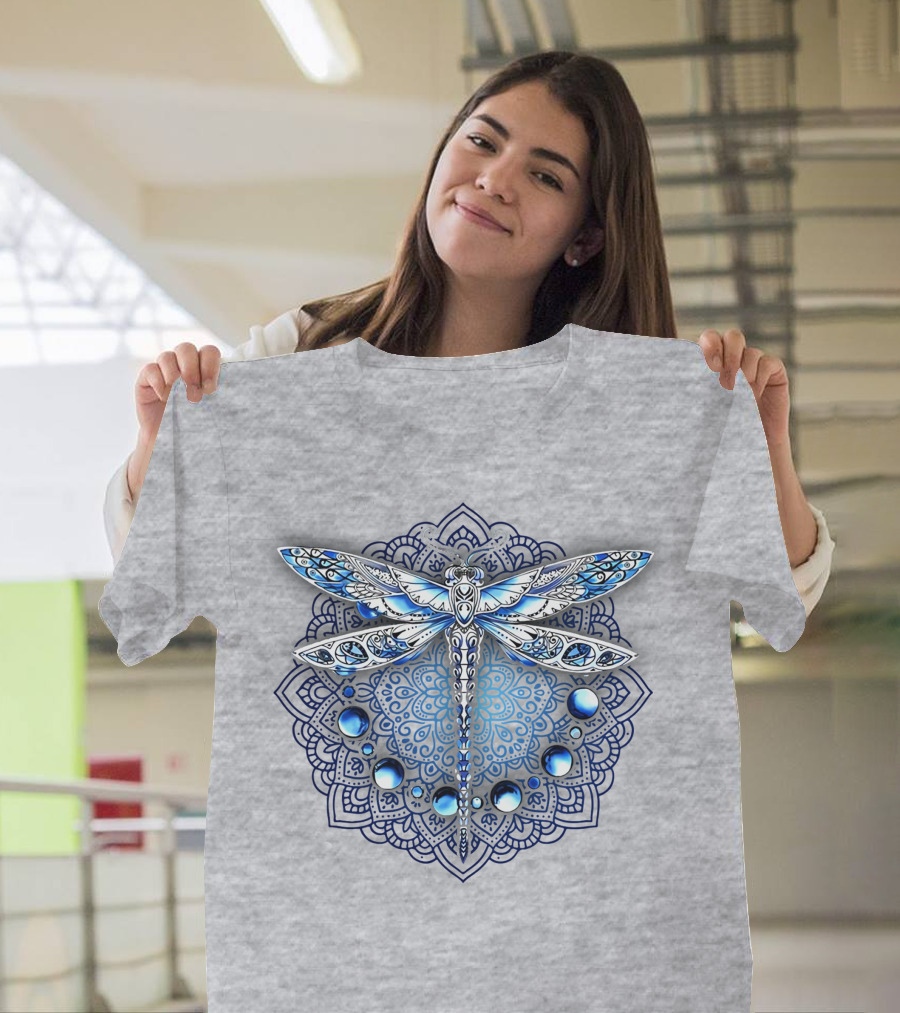 FLY GRADON Intricate Mandala Dragonfly Blue Gem Elements T-Shirt