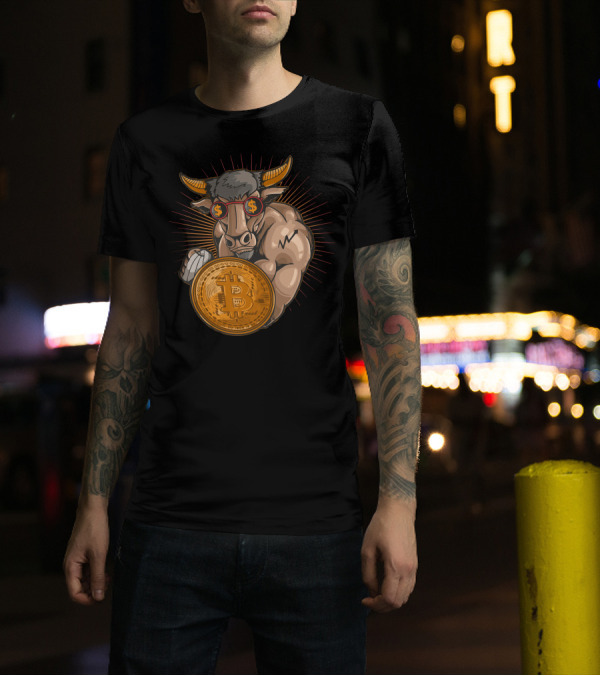 Bull With Bitcoin Shield And Dollar Sign Glasses T-Shirt