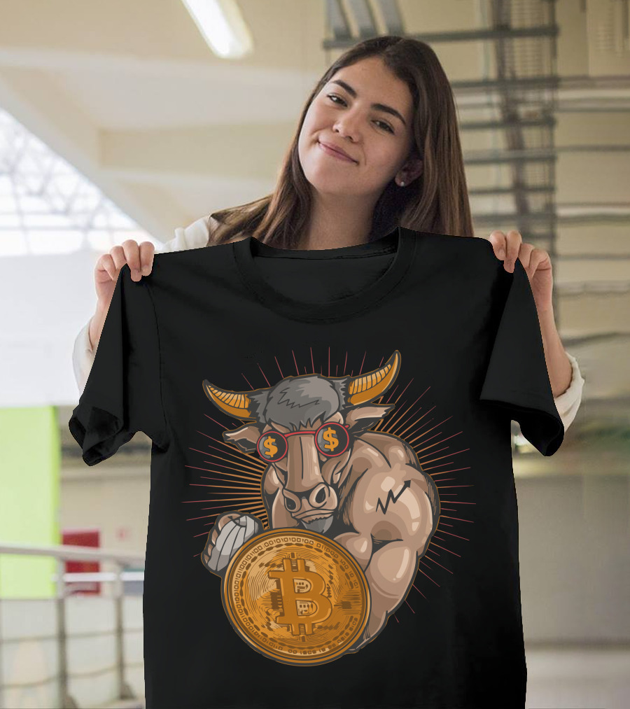 Bull with Bitcoin Shield and Dollar Sign Glasses T-Shirt