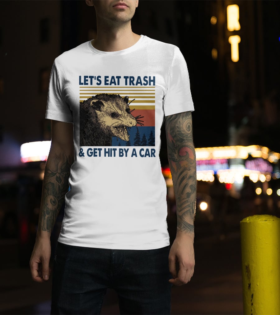 LET'S EAT TRASH And GET HIT BY A CAR Opossum Vintage Retro Stripe Forest T-Shirt