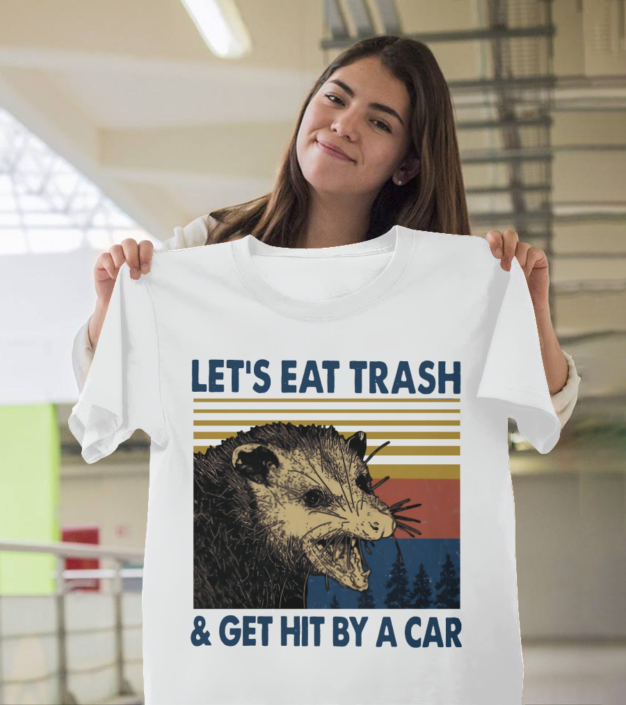 LET'S EAT TRASH And GET HIT BY A CAR Opossum Vintage Retro Stripe Forest T-Shirt