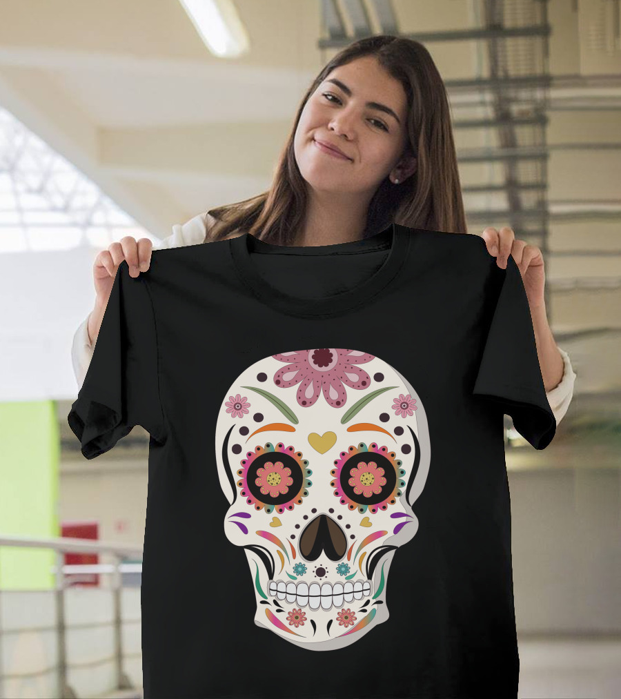 Day Of The Dead Bride Sugar Skull With Floral And Heart Motifs T-Shirt