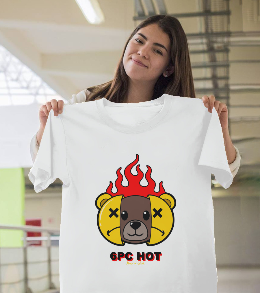 6pc Hot Make On Black Flame Bear T-Shirt