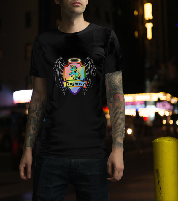 Flugmort Rainbow Unicorn Crest With Black Angel Wings Halo T-Shirt