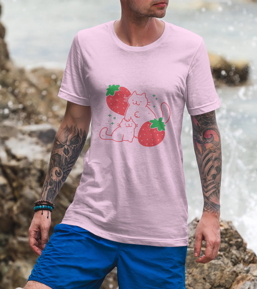 Crowlines Shop Strawberry Cat And Kitten With Stars And Strawberries T-Shirt
