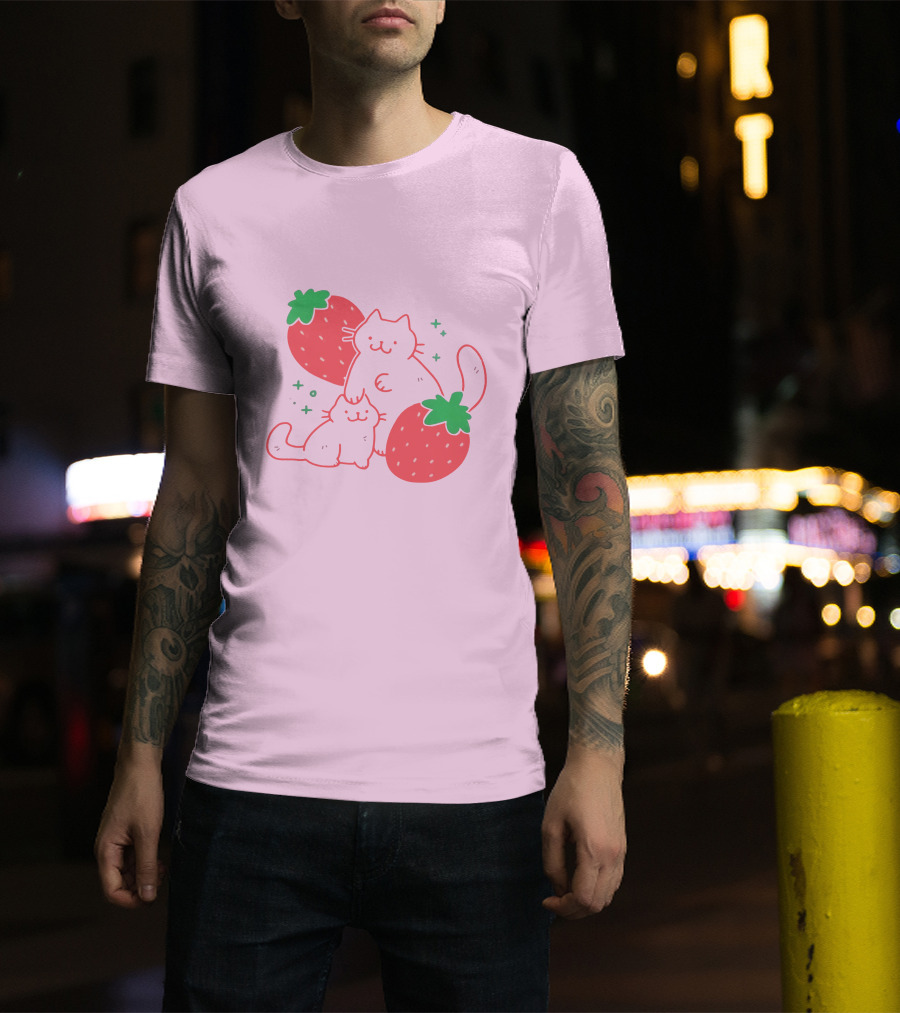 Crowlines Shop Strawberry Cat And Kitten With Stars And Strawberries T-Shirt