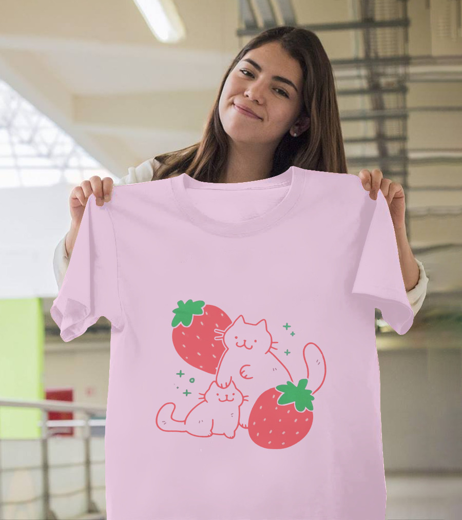 Crowlines Shop Strawberry Cat And Kitten With Stars And Strawberries T-Shirt