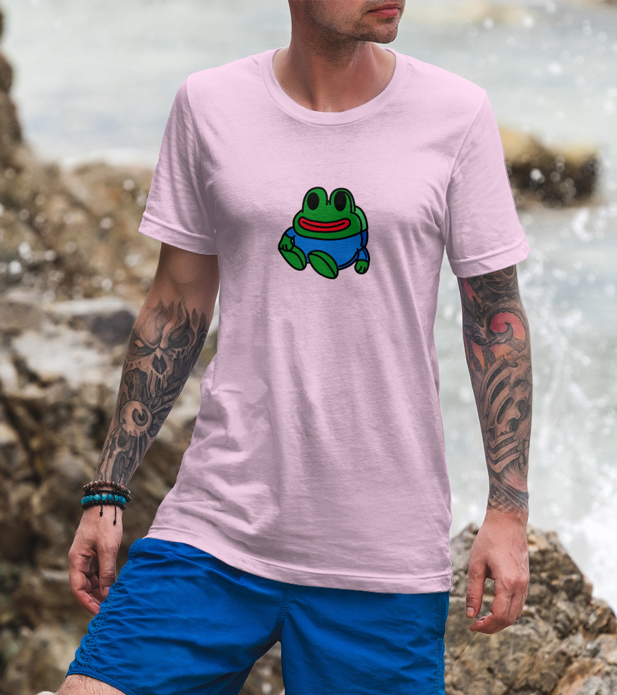 Mizkif Sat REALMizkif Pepe Frog Sitting Cartoon Pink Background T-Shirt