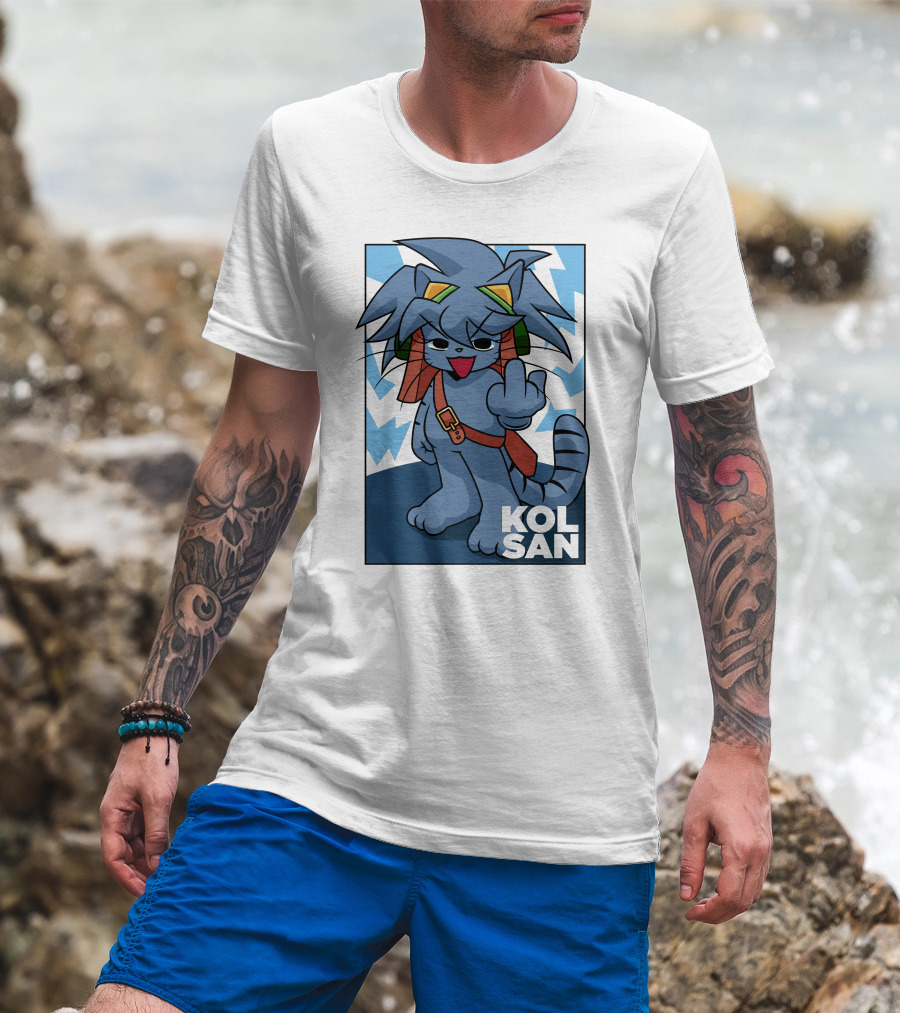Kolsan Attitude Blue Cat Character With Lightning Bolt Background T-Shirt