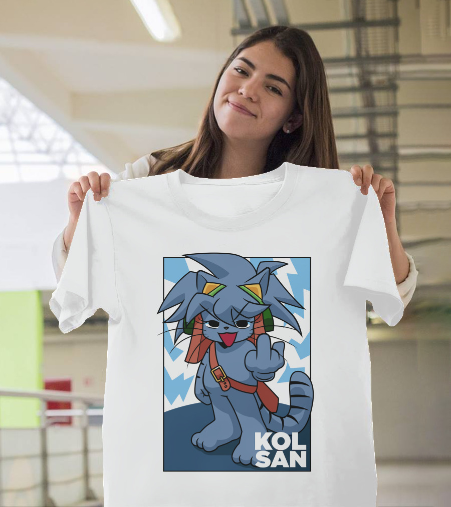 Kolsan Attitude Blue Cat Character with Lightning Bolt Background T-Shirt