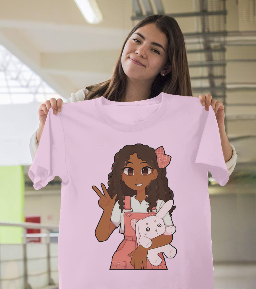 Akeila Merch Anime Style Character With Pink Overalls And Stuffed Bunny T-Shirt