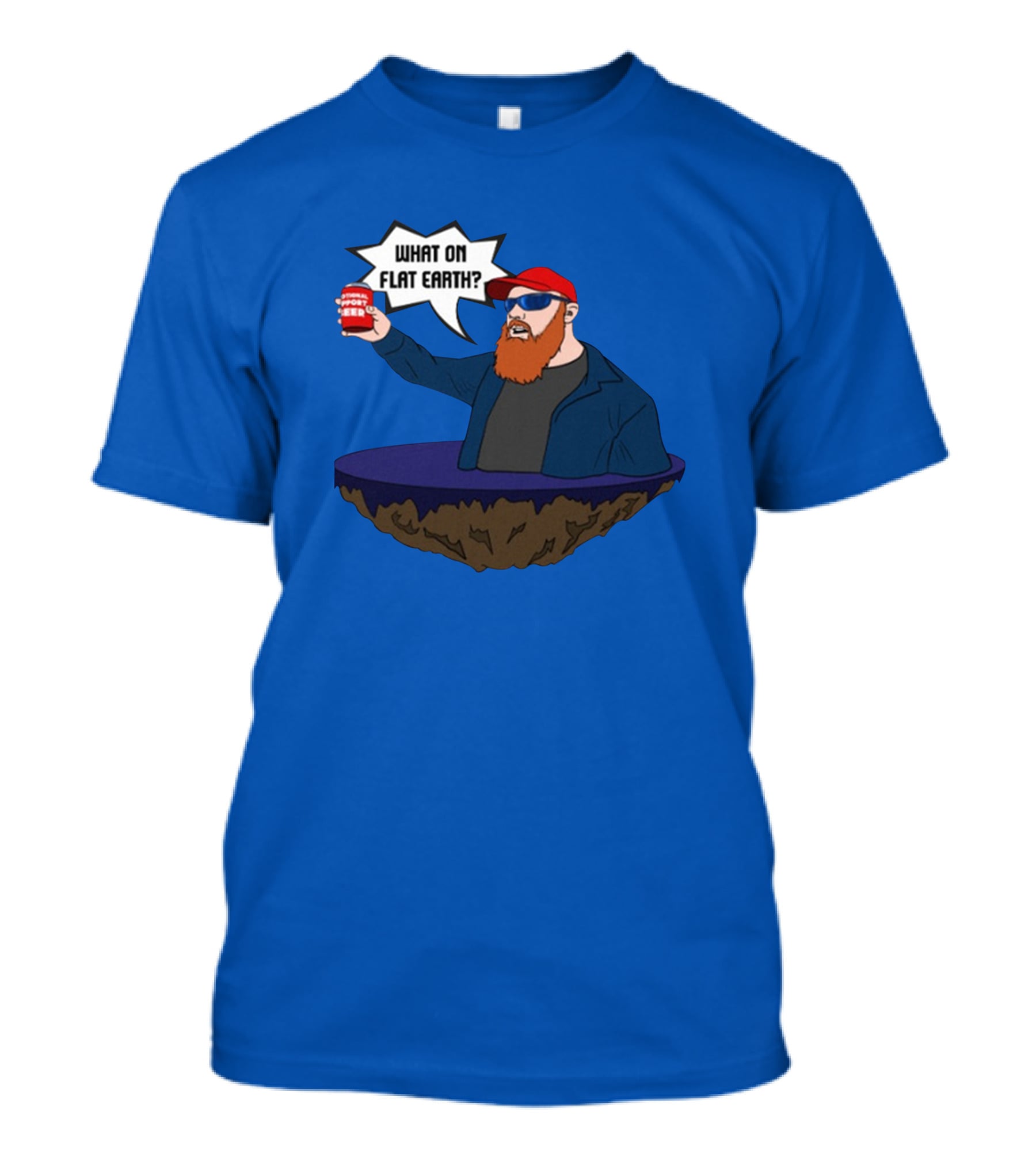 Brent Terhune What On Flat Earth Comedy Satire Floating Island Red Hat Beard Sunglasses Blue Jacket Can T-Shirt