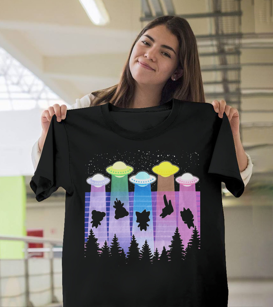 Krewdistrict Flying Saucers Alien Abduction Cartoon Silhouettes Forest Scene T-Shirt