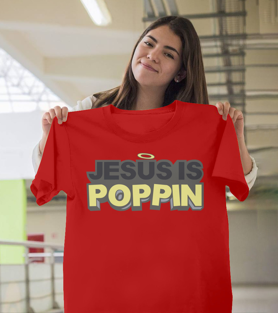 JESUS IS POPPIN Angel Halo Icon on Red T-Shirt