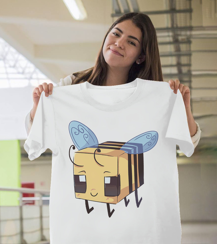 Punz Merch Cute Blocky Bee Character With Whimsical Blue Wings T-Shirt
