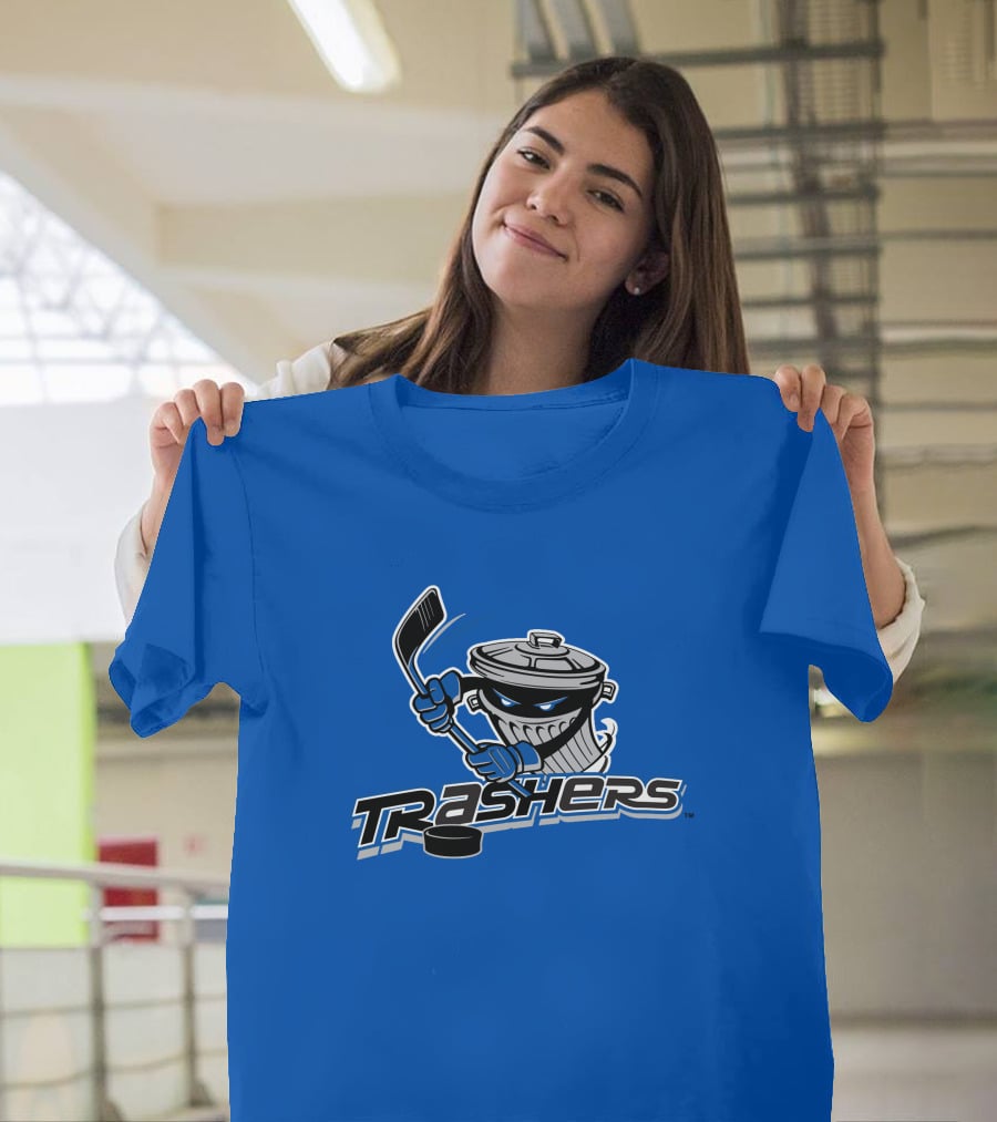 Danbury Trashers Blue Logo Hockey Trash Can Mascot T-Shirt