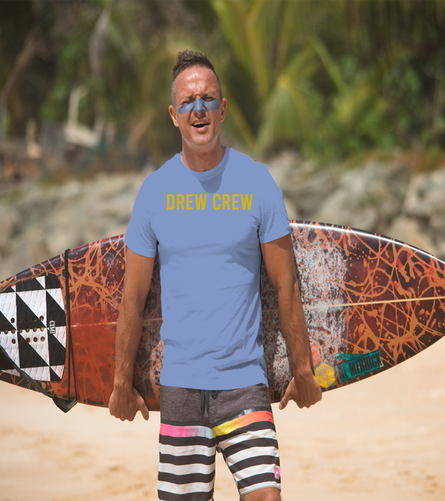 Drew Crew Merch Yellow Text Blue Background T-Shirt