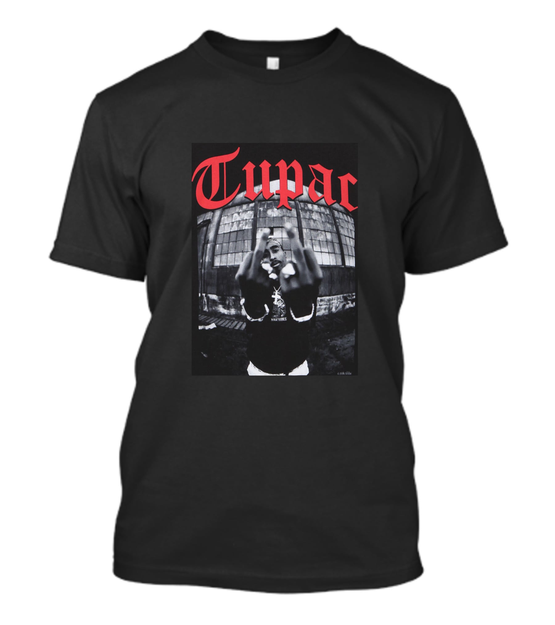 Tupac Front View Gesture Red Gothic Text T-Shirt