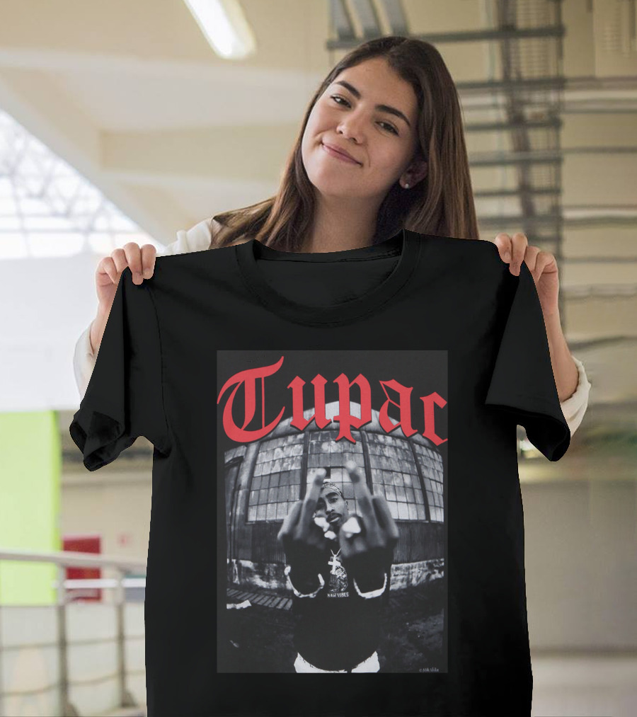 Tupac Front View Gesture Red Gothic Text T-Shirt