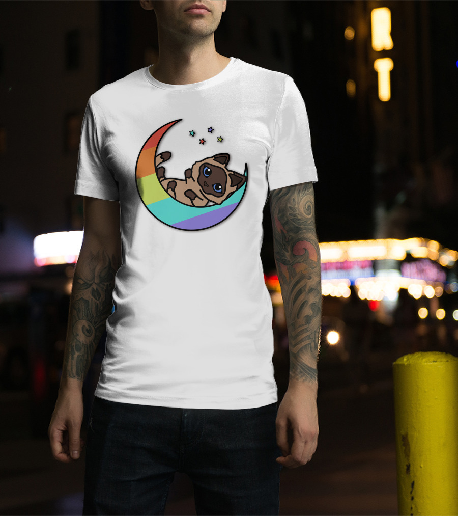 Antfrost Cat On Rainbow Crescent With Stars T-Shirt