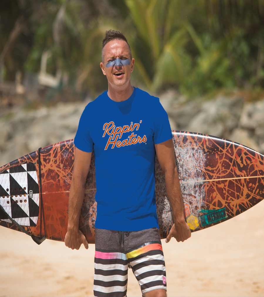 Rippin' Heaters Bold Script White And Orange Retro Style On Blue T-Shirt