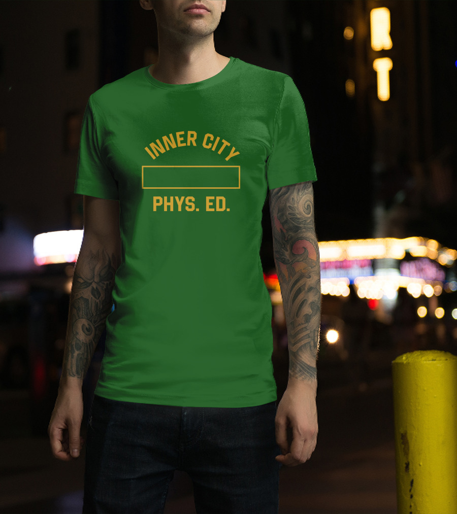 Inner City Phys Ed Green Yellow Block Letters T-Shirt