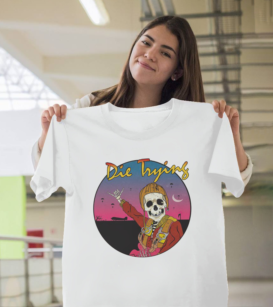 Die Trying Skeleton Paratrooper Skydiving Scene T-Shirt