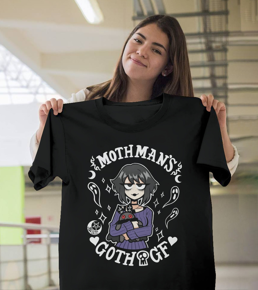 Mothman’s Goth GF Lilith Holding Black Cat Surrounded by Ghosts and Stars T-Shirt