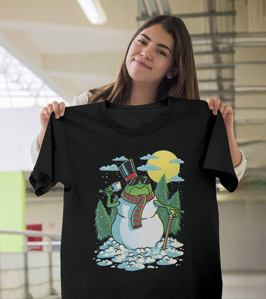 BoomerNA Merch BoomerNA Snowfrog Frog Snowman Christmas Tree Top Hat Cane T-Shirt